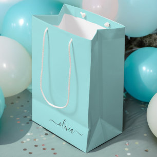 Aqua Blue Teal Modern Script Girly Monogram Name Medium Gift Bag