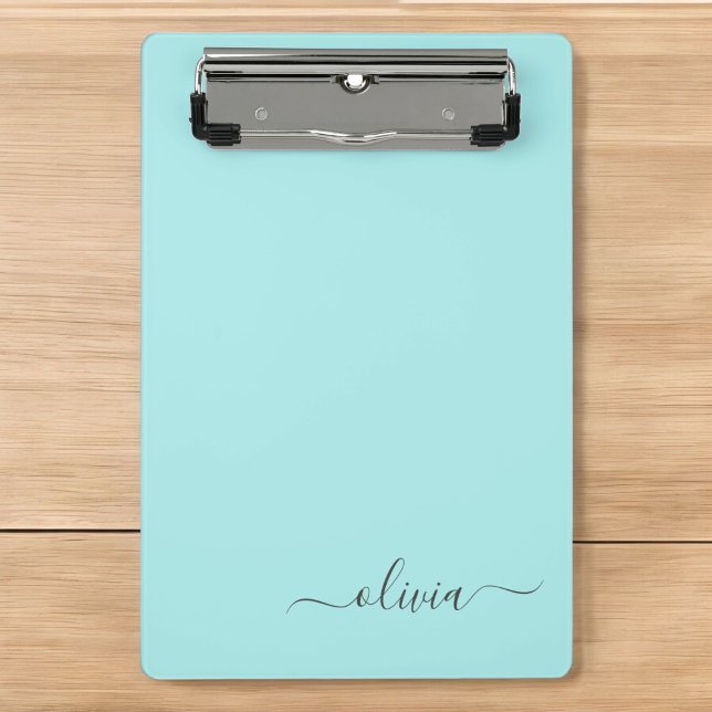 Aqua Blue Teal Modern Script Girly Monogram Name Mini Clipboard (Creator Uploaded)