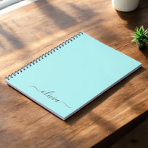 Aqua Blue Teal Modern Script Girly Monogram Name Notebook