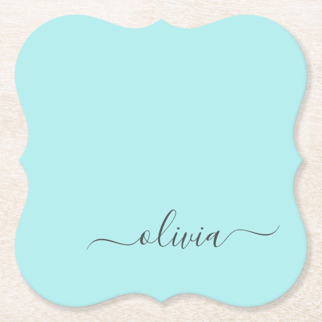 Aqua Blue Teal Modern Script Girly Monogram Name Paper Coaster (Front)