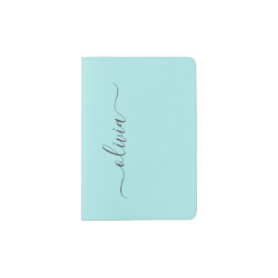 Aqua Blue Teal Modern Script Girly Monogram Name Passport Holder