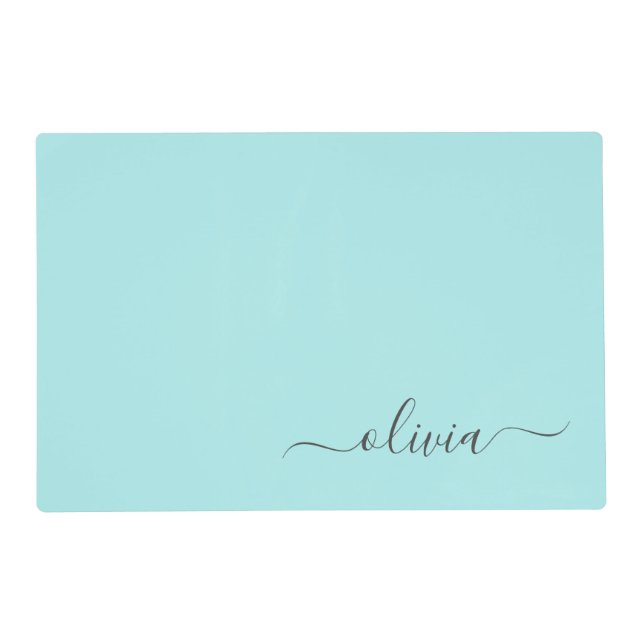 Aqua Blue Teal Modern Script Girly Monogram Name Placemat (Front)