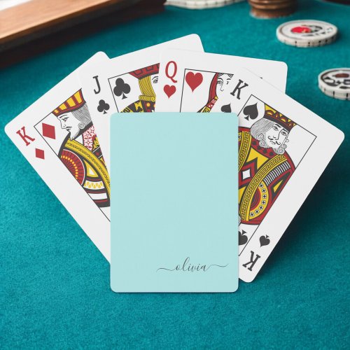 Aqua Blue Teal Modern Script Girly Monogram Name Poker Cards