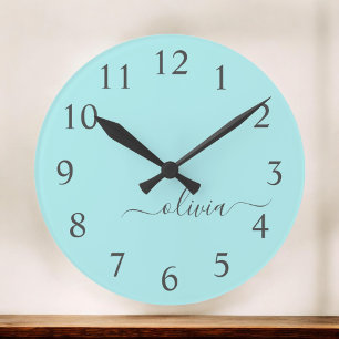 Aqua Blue Teal Modern Script Girly Monogram Name Round Clock