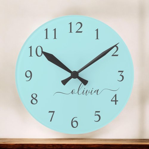 Aqua Blue Teal Modern Script Girly Monogram Name Round Clock