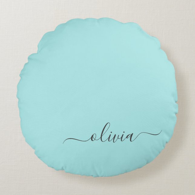 Aqua Blue Teal Modern Script Girly Monogram Name Round Pillow (Front)
