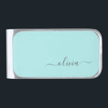 Aqua Blue Teal Modern Script Girly Monogram Name Silver Finish Money Clip<br><div class="desc">Aqua Blue Teal Simple Script Monogram Name Money Clip. This makes the perfect graduation,  sweet 16 birthday,  wedding,  bridal shower,  anniversary,  baby shower or bachelorette party gift for someone that loves glam luxury and chic styles.</div>
