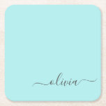 Aqua Blue Teal Modern Script Girly Monogram Name Square Paper Coaster<br><div class="desc">Aqua Blue Teal Simple Script Monogram Name Paper Coasters. This makes the perfect graduation,  birthday,  wedding,  bridal shower,  anniversary,  baby shower or bachelorette party gift for someone that loves glam luxury and chic styles.</div>