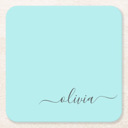 Aqua Blue Teal Modern Script Girly Monogram Name Square Paper Coaster