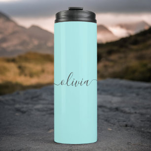 Aqua Blue Teal Modern Script Girly Monogram Name Thermal Tumbler