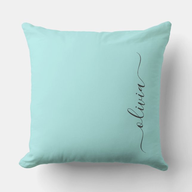 Aqua Blue Teal Modern Script Girly Monogram Name Throw Pillow (Front)