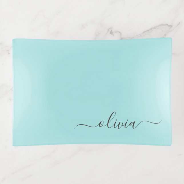 Aqua Blue Teal Modern Script Girly Monogram Name Trinket Tray (Front)