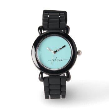 Aqua Blue Teal Modern Script Girly Monogram Name Watch by Hot_Foil_Creations at Zazzle