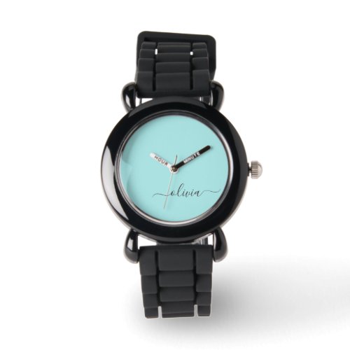 Aqua Blue Teal Modern Script Girly Monogram Name Watch