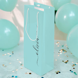 Aqua Blue Teal Modern Script Girly Monogram Name Wine Gift Bag