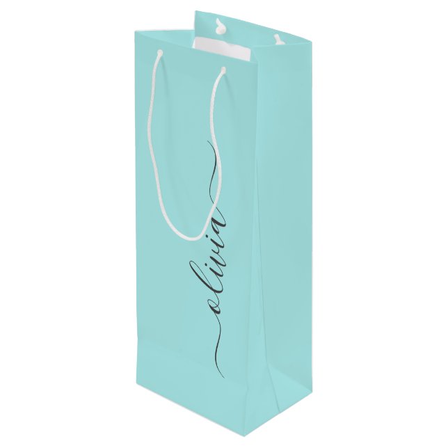 Aqua Blue Teal Modern Script Girly Monogram Name Wine Gift Bag (Back Angled)
