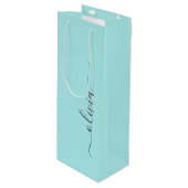 Aqua Blue Teal Modern Script Girly Monogram Name Wine Gift Bag (Front Angled)