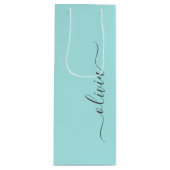 Aqua Blue Teal Modern Script Girly Monogram Name Wine Gift Bag (Front)