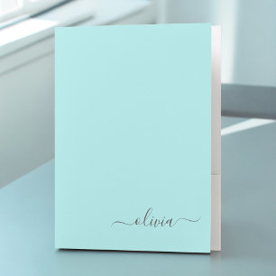 Aqua Blue Teal Modern Script Monogram Girly Name Pocket Folder