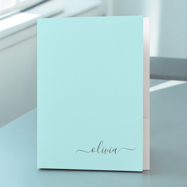 Aqua Blue Teal Modern Script Monogram Girly Name Pocket Folder (Creator Uploaded)