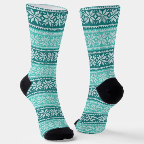 Aqua Blue Teal Poinsettia Flower Pattern Socks