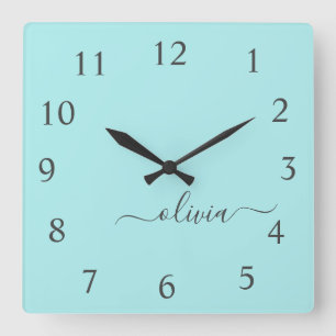 Aqua Blue Teal Script Monogram Girly Name Square Wall Clock