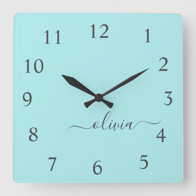Aqua Blue Teal Script Monogram Girly Name Square Wall Clock (Front)