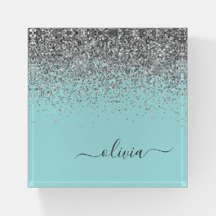Aqua Blue Teal Silver Elegant Glitter Monogram Paperweight