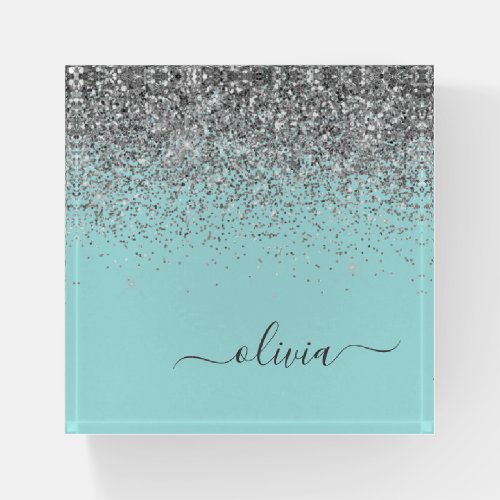 Aqua Blue Teal Silver Elegant Glitter Monogram Paperweight