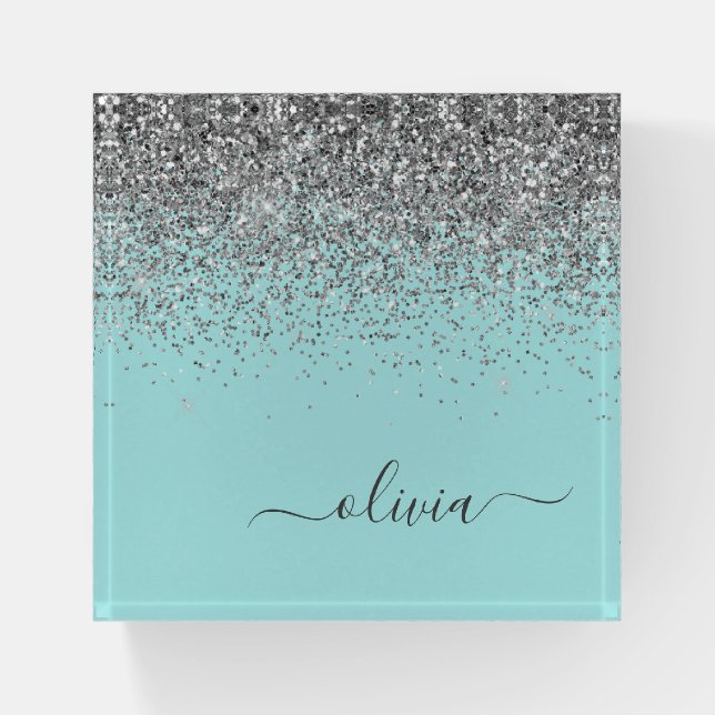 Aqua Blue Teal Silver Elegant Glitter Monogram Paperweight (Front)