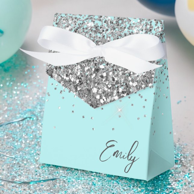 Aqua Blue Teal Silver Girly Glitter Monogram Name Favor Boxes (Creator Uploaded)