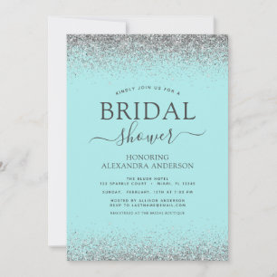 Aqua Blue Teal Silver Glitter Bridal Shower Invitation