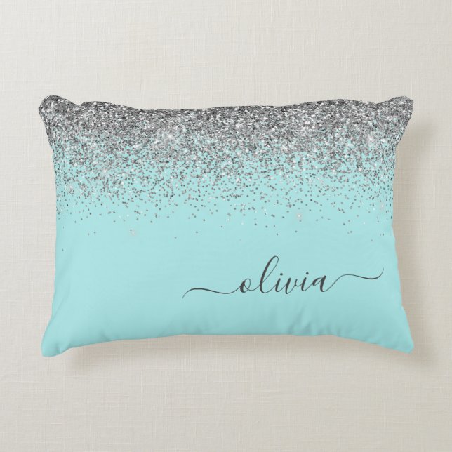 Aqua Blue Teal Silver Glitter Monogram Accent Pillow (Front)