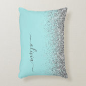 Aqua Blue Teal Silver Glitter Monogram Accent Pillow (Front(Vertical))