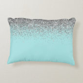 Aqua Blue Teal Silver Glitter Monogram Accent Pillow (Back)