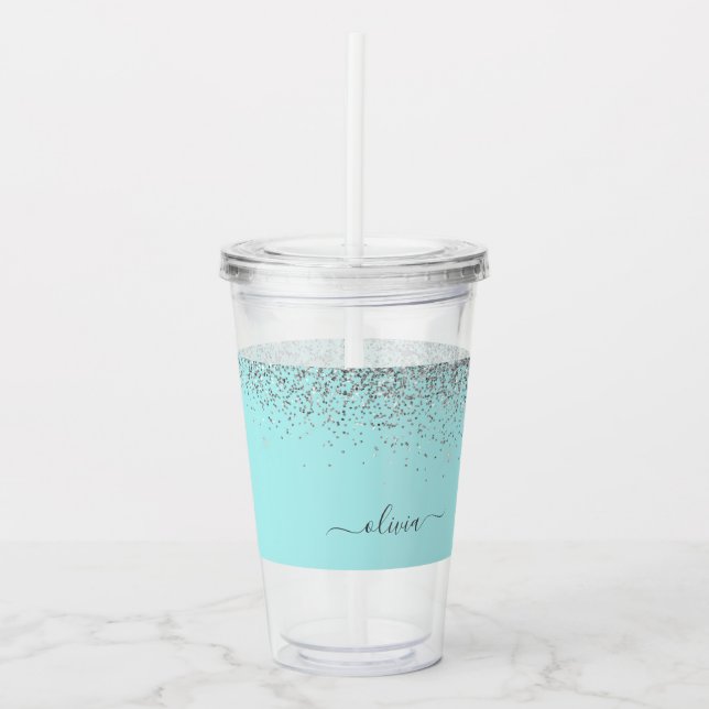 Aqua Blue Teal Silver Glitter Monogram Acrylic Tumbler (Front)
