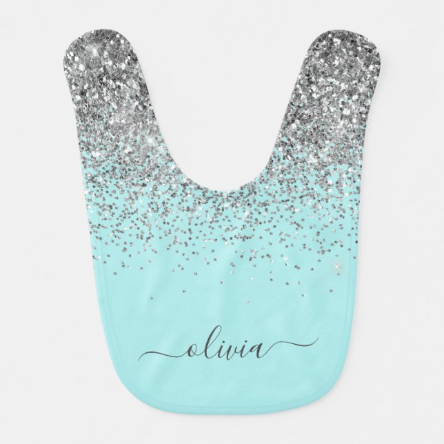 Aqua Blue Teal Silver Glitter Monogram Baby Bib (Front)