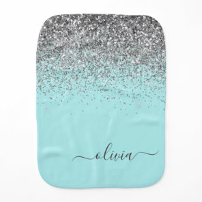 Aqua Blue Teal Silver Glitter Monogram Baby Burp Cloth