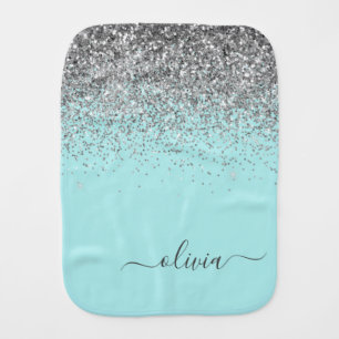Aqua Blue Teal Silver Glitter Monogram Baby Burp Cloth