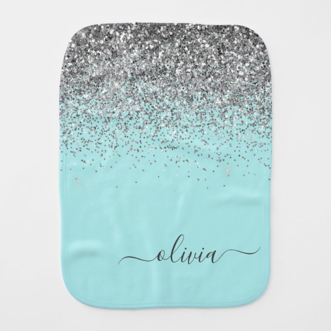 Aqua Blue Teal Silver Glitter Monogram Baby Burp Cloth (Front)