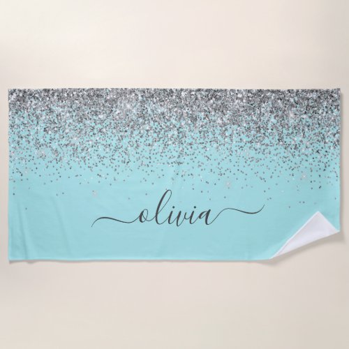 Aqua Blue Teal Silver Glitter Monogram Beach Towel