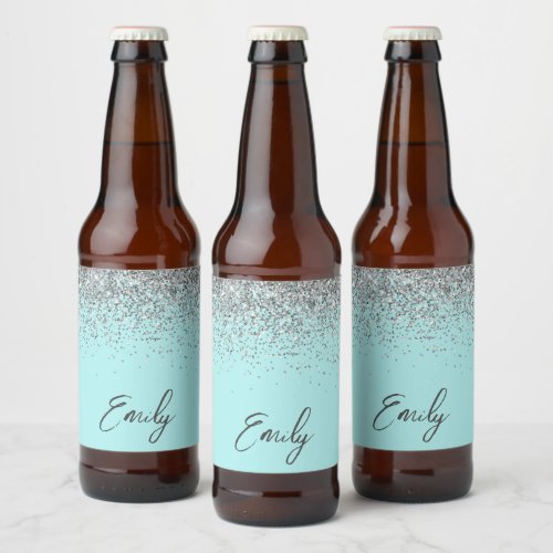 Aqua Blue Teal Silver Glitter Monogram Beer Bottle Label