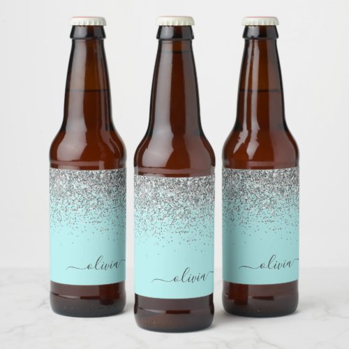 Aqua Blue Teal Silver Glitter Monogram Beer Bottle Label