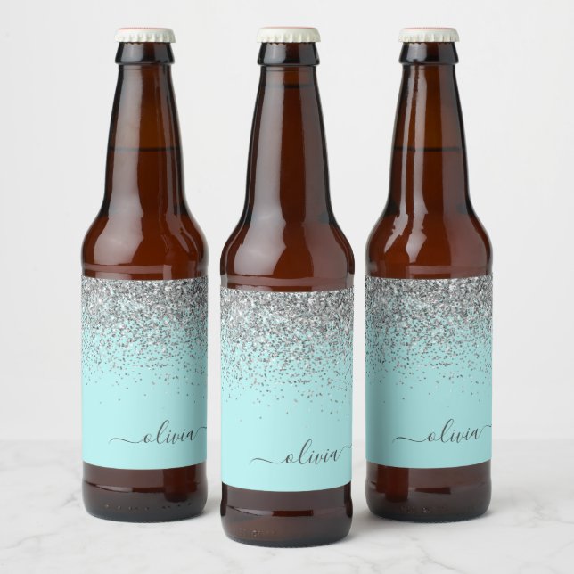 Aqua Blue Teal Silver Glitter Monogram Beer Bottle Label (Bottles)