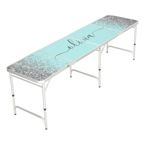 Aqua Blue Teal Silver Glitter Monogram Beer Pong Table