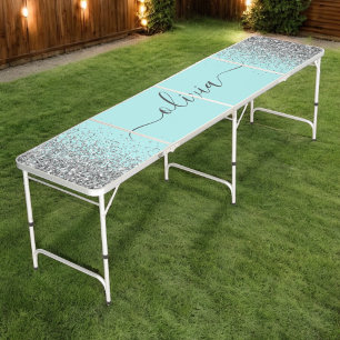 Aqua Blue Teal Silver Glitter Monogram Beer Pong Table