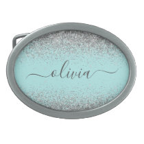 Aqua Blue Teal Silver Glitter Monogram Belt Buckle