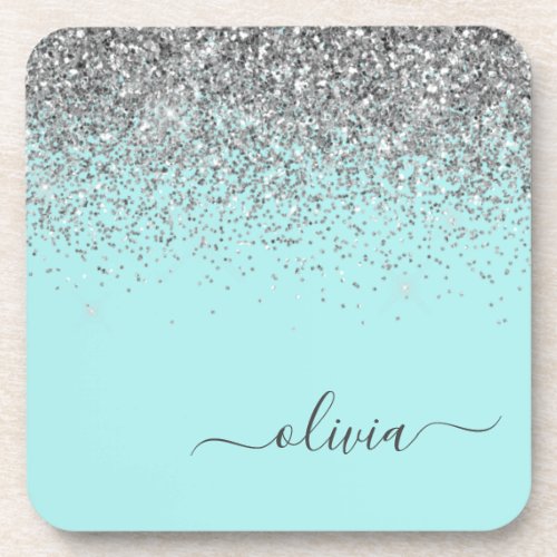 Aqua Blue Teal Silver Glitter Monogram Beverage Coaster