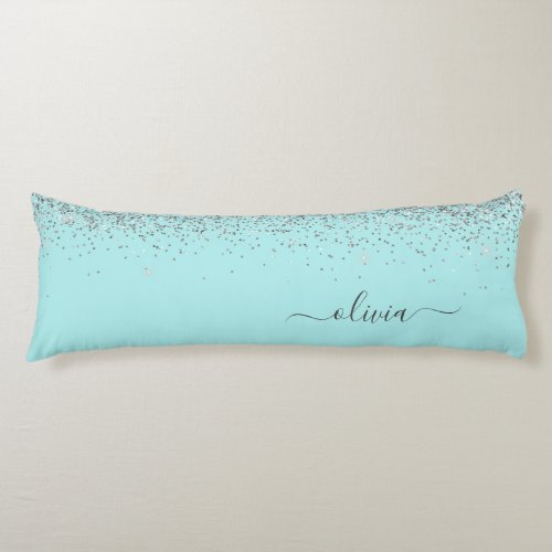 Aqua Blue _ Teal Silver Glitter Monogram Body Pillow