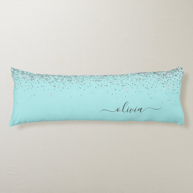 Aqua Blue - Teal Silver Glitter Monogram Body Pillow (Front)